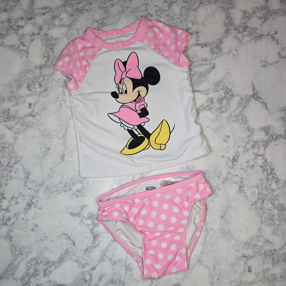 Old Navy Disney Minnie Mouse Swimsuit 2-Piece Pink White Polka Dot
